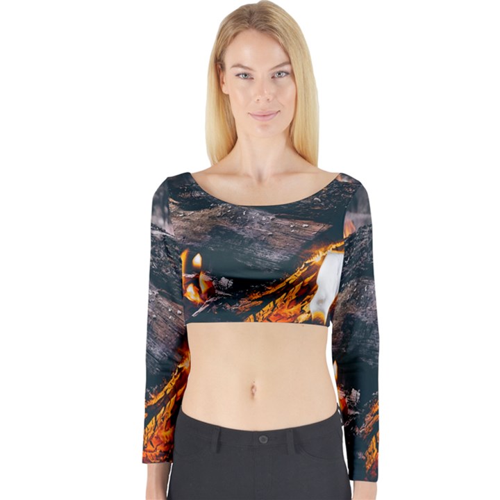 Wood Fire Camping Forest On Long Sleeve Crop Top