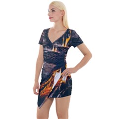 Wood Fire Camping Forest On Short Sleeve Asymmetric Mini Dress by Bedest