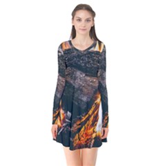 Wood Fire Camping Forest On Long Sleeve V-neck Flare Dress by Bedest