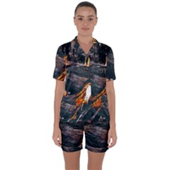 Wood Fire Camping Forest On Satin Short Sleeve Pajamas Set by Bedest