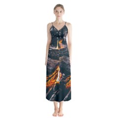 Wood Fire Camping Forest On Button Up Chiffon Maxi Dress by Bedest