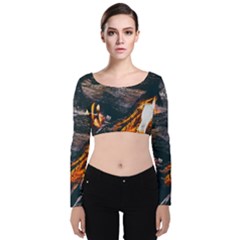 Wood Fire Camping Forest On Velvet Long Sleeve Crop Top by Bedest