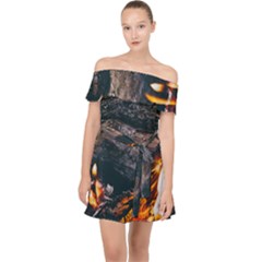 Wood Fire Camping Forest On Off Shoulder Chiffon Dress by Bedest