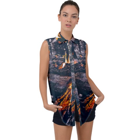 Wood Fire Camping Forest On Sleeveless Chiffon Button Shirt by Bedest