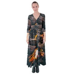 Wood Fire Camping Forest On Button Up Maxi Dress by Bedest