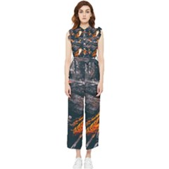 Wood Fire Camping Forest On Women s Frill Top Chiffon Jumpsuit by Bedest