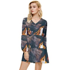 Wood Fire Camping Forest On Tiered Long Sleeve Mini Dress by Bedest