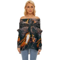 Wood Fire Camping Forest On Off Shoulder Chiffon Pocket Shirt by Bedest