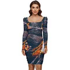 Wood Fire Camping Forest On Women Long Sleeve Ruched Stretch Jersey Dress by Bedest