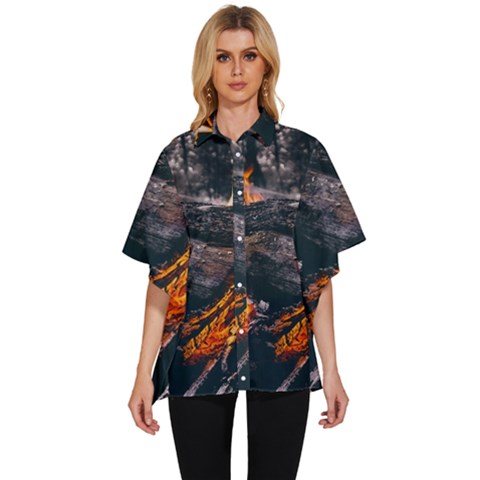 Wood Fire Camping Forest On Women s Batwing Button Up Shirt by Bedest