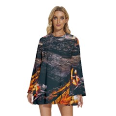 Wood Fire Camping Forest On Round Neck Long Sleeve Bohemian Style Chiffon Mini Dress by Bedest