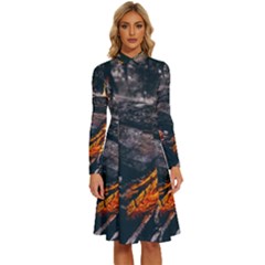 Wood Fire Camping Forest On Long Sleeve Shirt Collar A-line Dress by Bedest