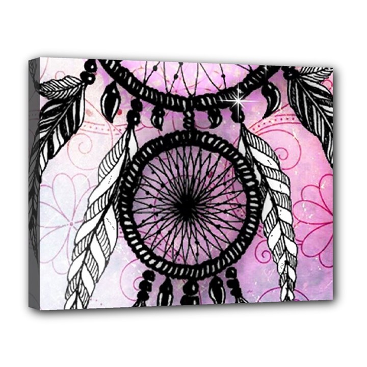 Dream Catcher Art Feathers Pink Canvas 14  x 11  (Stretched)