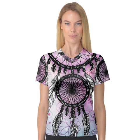 Dream Catcher Art Feathers Pink V-neck Sport Mesh T-shirt by Bedest