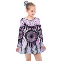 Dream Catcher Art Feathers Pink Kids  Long Sleeve Dress by Bedest