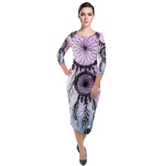 Dream Catcher Art Feathers Pink Quarter Sleeve Midi Velour Bodycon Dress by Bedest