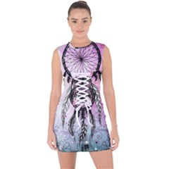 Dream Catcher Art Feathers Pink Lace Up Front Bodycon Dress by Bedest