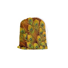 Peacock Feathers Green Yellow Drawstring Pouch (small) by Bedest