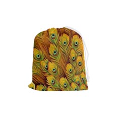 Peacock Feathers Green Yellow Drawstring Pouch (medium) by Bedest