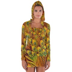 Peacock Feathers Green Yellow Long Sleeve Hooded T-shirt by Bedest