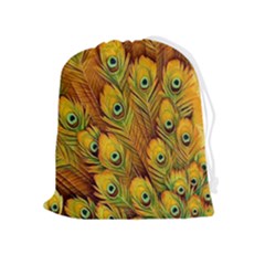 Peacock Feathers Green Yellow Drawstring Pouch (xl) by Bedest