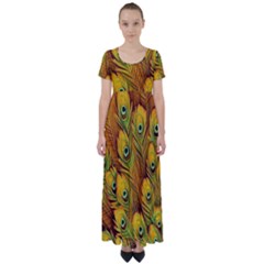 Peacock Feathers Green Yellow High Waist Short Sleeve Maxi Dress by Bedest