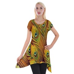 Peacock Feathers Green Yellow Short Sleeve Side Drop Tunic by Bedest