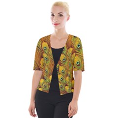 Peacock Feathers Green Yellow Cropped Button Cardigan by Bedest