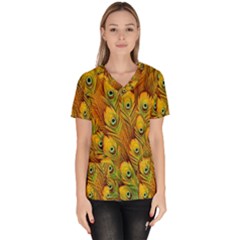 Peacock Feathers Green Yellow Women s V-neck Scrub Top by Bedest