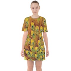 Peacock Feathers Green Yellow Sixties Short Sleeve Mini Dress by Bedest