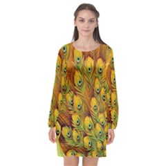 Peacock Feathers Green Yellow Long Sleeve Chiffon Shift Dress  by Bedest