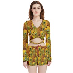 Peacock Feathers Green Yellow Velvet Wrap Crop Top And Shorts Set by Bedest