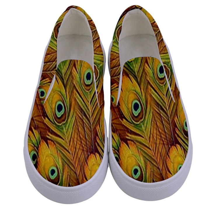 Peacock Feathers Green Yellow Kids  Canvas Slip Ons