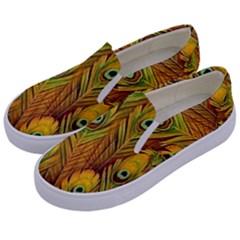 Peacock Feathers Green Yellow Kids  Canvas Slip Ons by Bedest