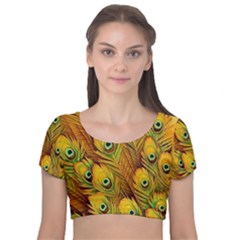 Peacock Feathers Green Yellow Velvet Short Sleeve Crop Top  by Bedest