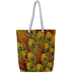 Peacock Feathers Green Yellow Full Print Rope Handle Tote (small) by Bedest