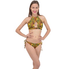 Peacock Feathers Green Yellow Cross Front Halter Bikini Set by Bedest