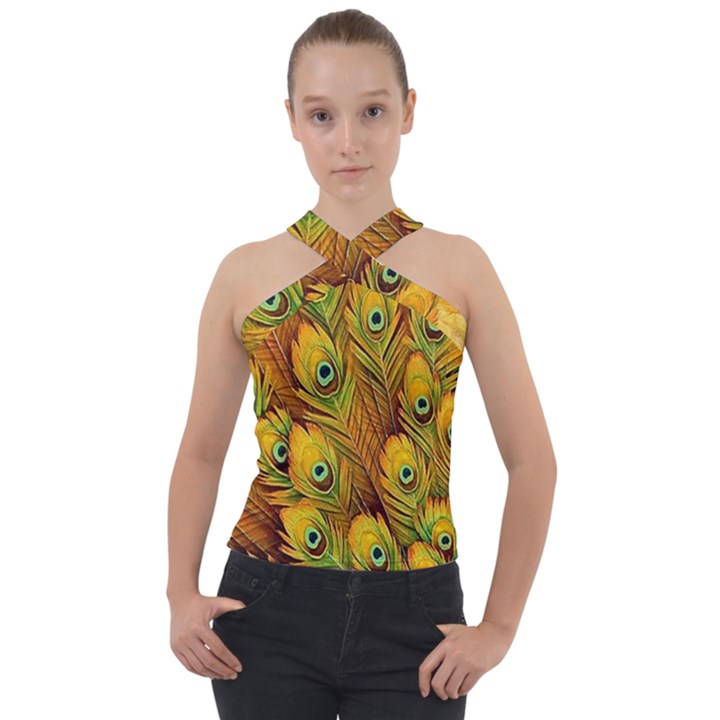 Peacock Feathers Green Yellow Cross Neck Velour Top