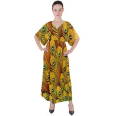 Peacock Feathers Green Yellow V-neck Boho Style Maxi Dress by Bedest