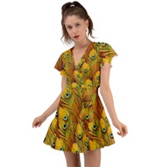 Peacock Feathers Green Yellow Flutter Sleeve Wrap Dress by Bedest