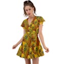 Peacock Feathers Green Yellow Flutter Sleeve Wrap Dress View1