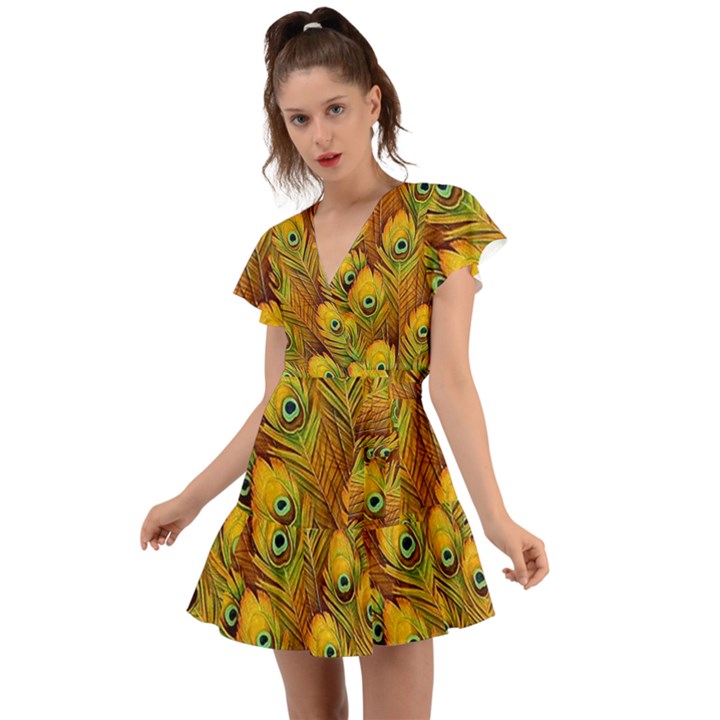 Peacock Feathers Green Yellow Flutter Sleeve Wrap Dress