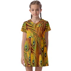 Peacock Feathers Green Yellow Kids  Asymmetric Collar Dress by Bedest