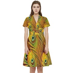 Peacock Feathers Green Yellow Short Sleeve Waist Detail Dress by Bedest