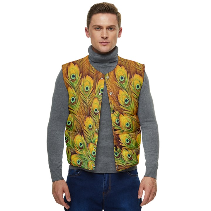 Peacock Feathers Green Yellow Men s Button Up Puffer Vest	