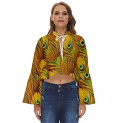 Peacock Feathers Green Yellow Boho Long Bell Sleeve Top by Bedest