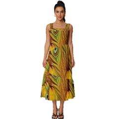 Peacock Feathers Green Yellow Square Neckline Tiered Midi Dress by Bedest