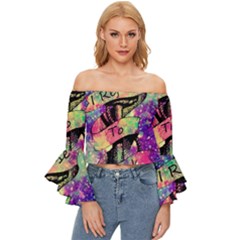 Anchor Purple Space Off Shoulder Flutter Bell Sleeve Top by Bedest