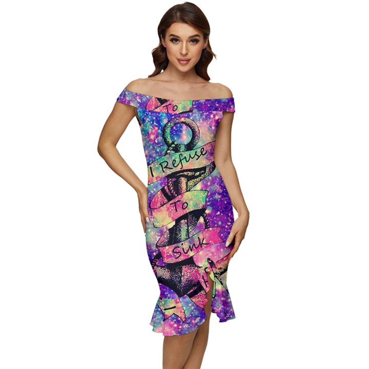 Anchor Purple Space Off Shoulder Ruffle Split Hem Bodycon Dress