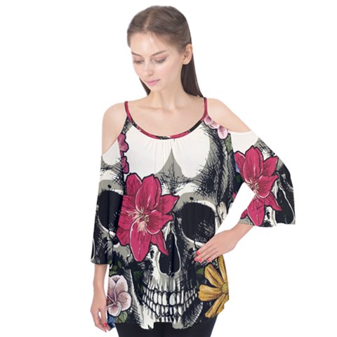 Skull Flowers American Native Dream Catcher Legend Flutter Sleeve T-shirt  by Bedest